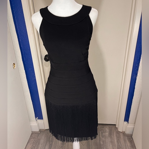 NWT Muse Exclusive Boston Proper Black Fringe Mini Cocktail Dress Size 8 - Picture 2 of 7
